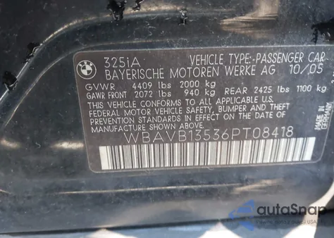 2006 BMW 325I from USA, damaged, VIN WBAVB13536PT08418